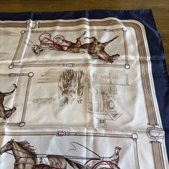 Celine Silk Scarf Horse Racing Blue Steed Riders Races Vintage Large Picture - Picture 4 of 12